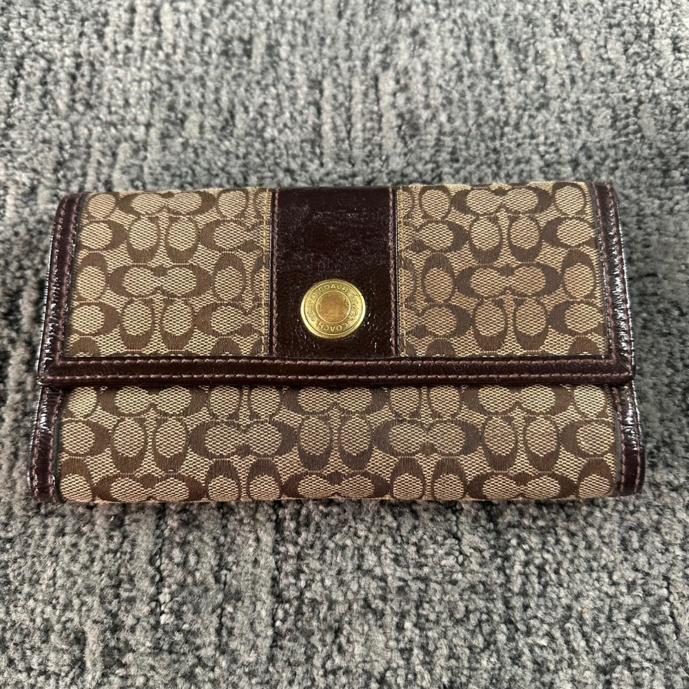 Coach Wallet Womens OS Signature Monogram Brown Mahogany Patent Leather Trifold